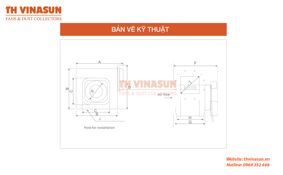 quat-ly-tam-dong-truc Bản vẽ kỹ thuật quạt hướng trục vuông VNS-DPT
