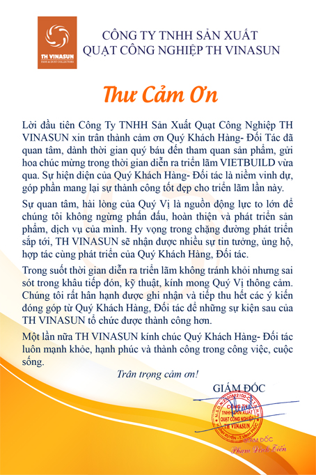 THƯ CẢM ƠN QUÝ KHÁCH HÀNG – ĐỐI TÁC ĐẾN THAM QUAN GIAN HÀNG TRIỂN LÃM VIETBUILD CỦA TH VINASUN