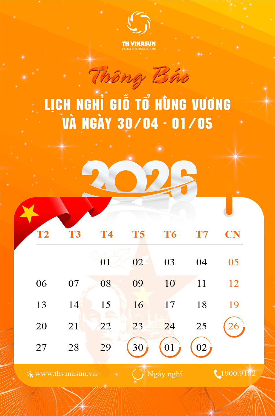 th-vinasun Thông báo lịch nghỉ lễ Giỗ Tổ Hùng Vương và Ngày 30-4, 1-5